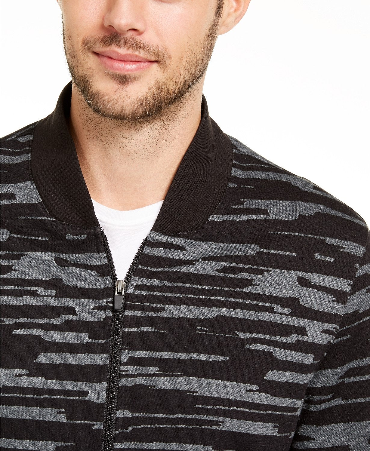 Jaqueta bomber masculina Alfani com estampa abstrata, preta, tamanho pequeno