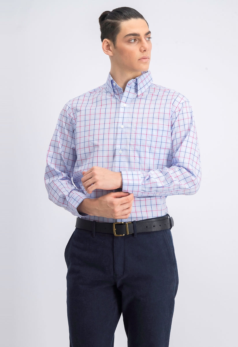 Camisa social masculina Club Room Regular Fit Stretch Tattersall, azul marinho, tamanho 34-35