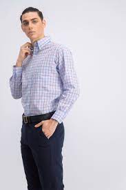 Camisa social masculina Club Room Regular Fit Stretch Tattersall, azul marinho, tamanho 34-35