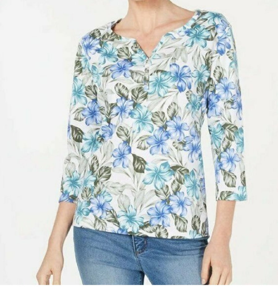Blusa feminina Karen Scott com estampa floral e manga 3/4, azul, tamanho pequeno