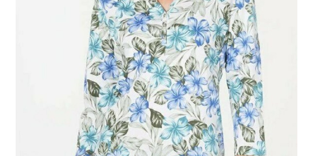 Blusa feminina Karen Scott com estampa floral e manga 3/4, azul, tamanho pequeno