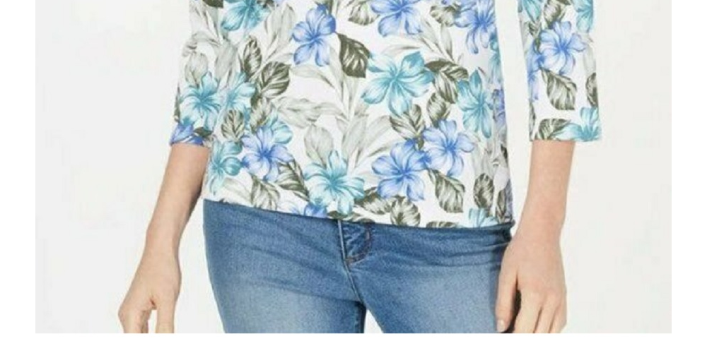 Blusa feminina Karen Scott com estampa floral e manga 3/4, azul, tamanho pequeno