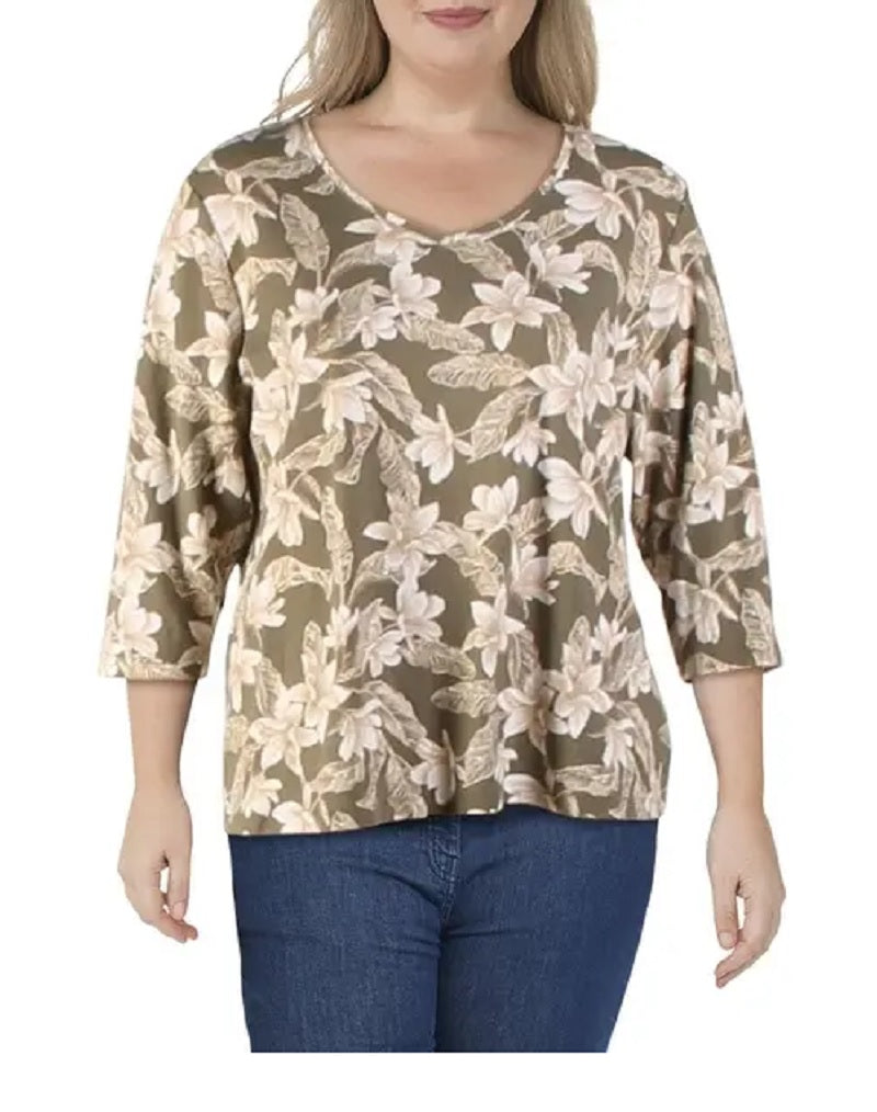 Blusa feminina Karen Scott com estampa floral e decote em V, verde, tamanho médio