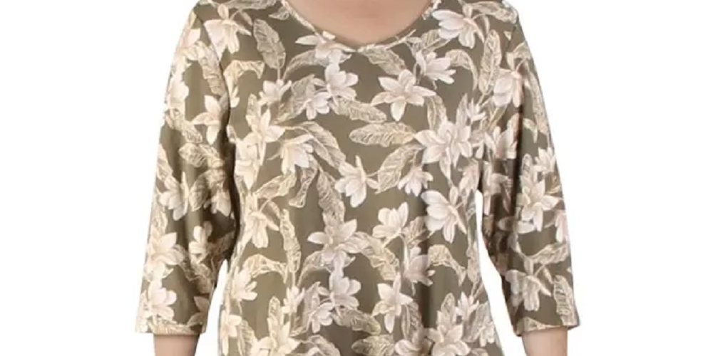 Blusa feminina Karen Scott com estampa floral e decote em V, verde, tamanho médio