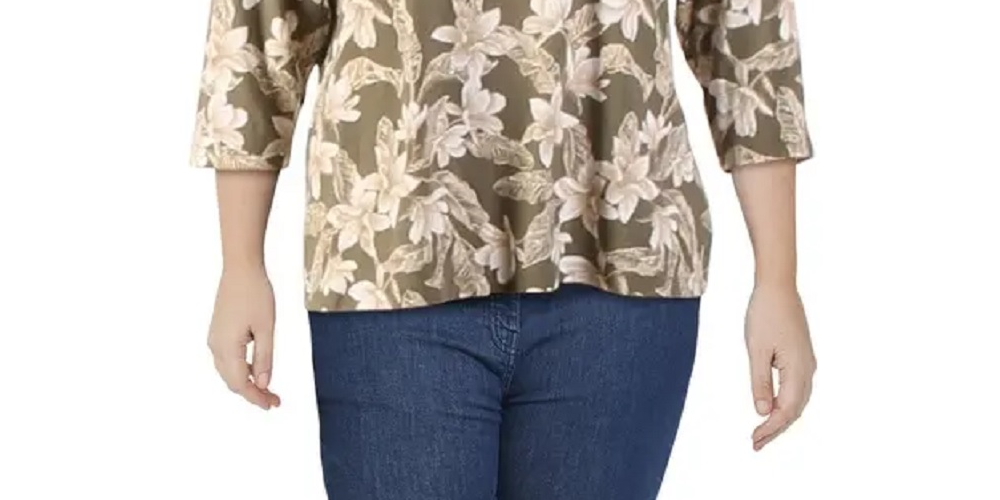 Blusa feminina Karen Scott com estampa floral e decote em V, verde, tamanho médio