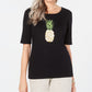 Camiseta feminina Karen Scott de algodão com estampa gráfica de abacaxi, preta, tamanho 2GG