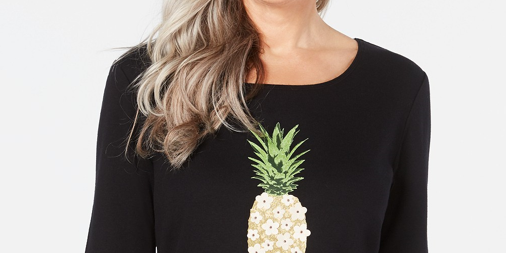 Camiseta feminina Karen Scott de algodão com estampa gráfica de abacaxi, preta, tamanho 2GG