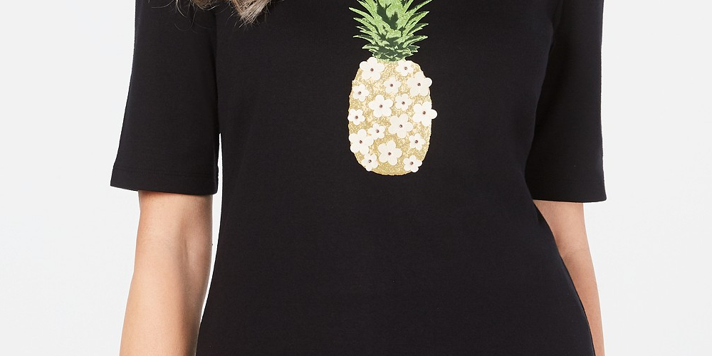 Camiseta feminina Karen Scott de algodão com estampa gráfica de abacaxi, preta, tamanho 2GG