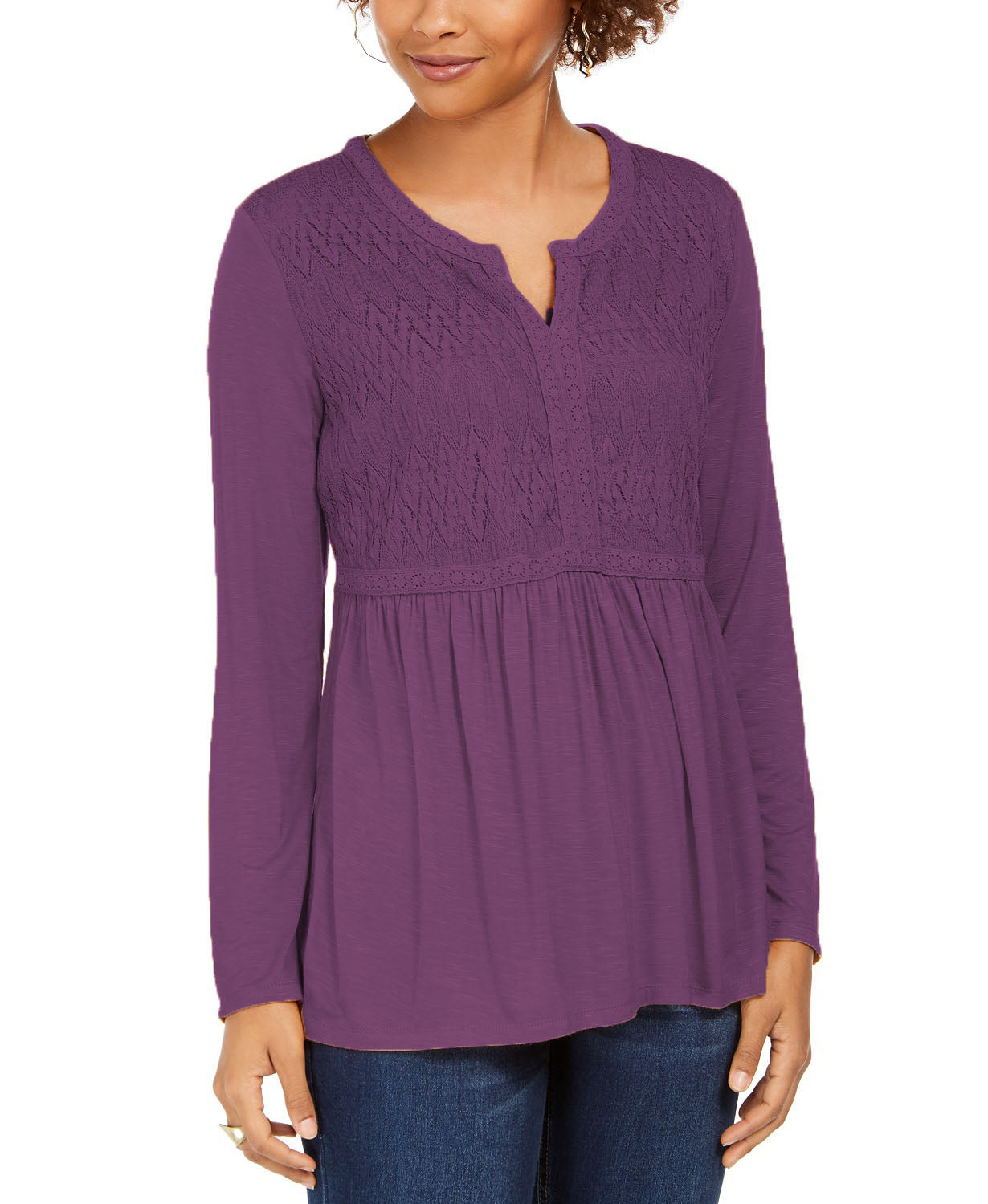 Top drapeado com renda frontal feminino Style &amp; Co, roxo, tamanho grande
