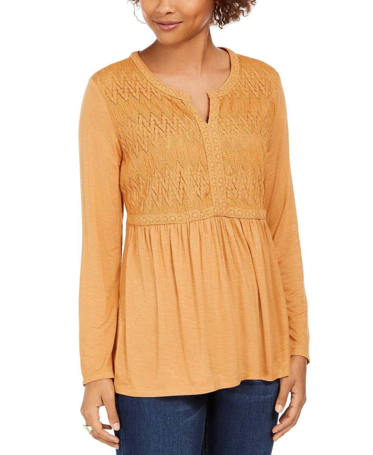 Top drapeado com renda frontal feminino Style &amp; Co, dourado, tamanho M