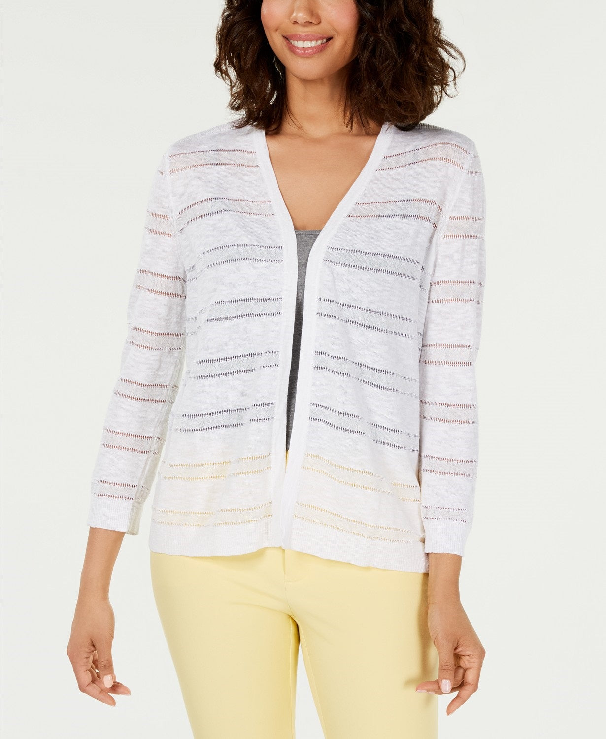 Cardigan feminino listrado Pointelle Charter Club, branco, tamanho pequeno