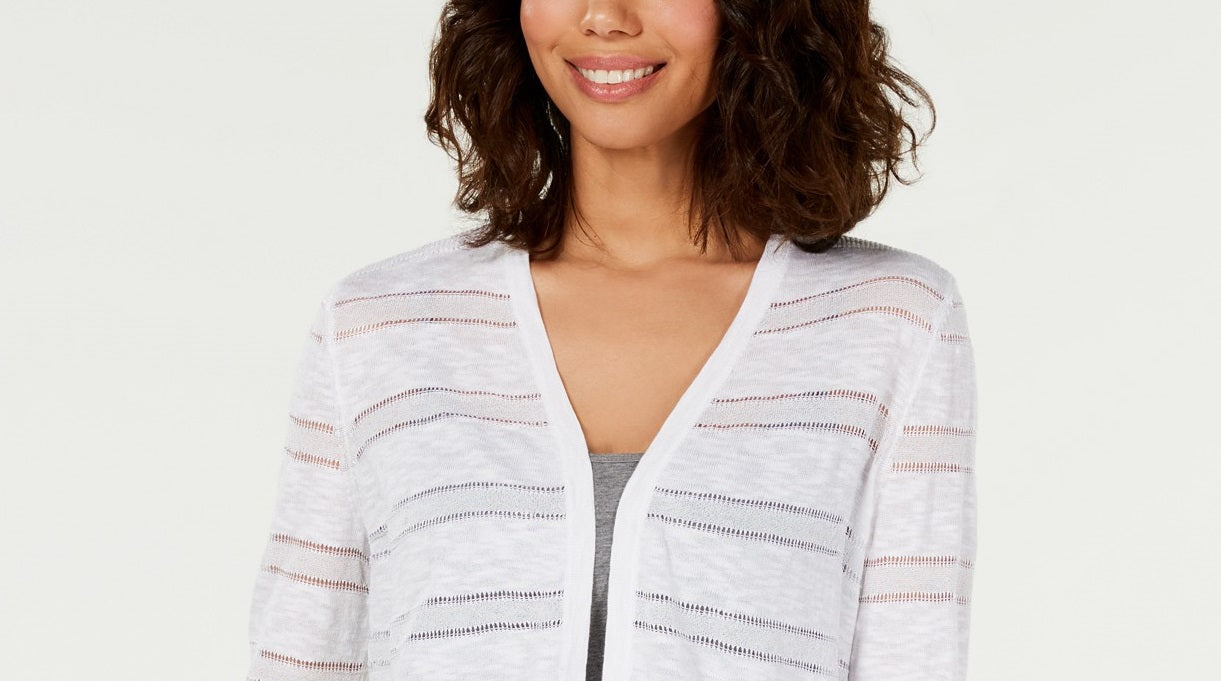 Cardigan feminino listrado Pointelle Charter Club, branco, tamanho pequeno