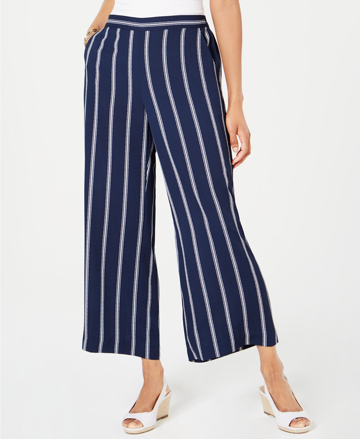 Calça feminina listrada e larga Charter Club, azul, tamanho médio