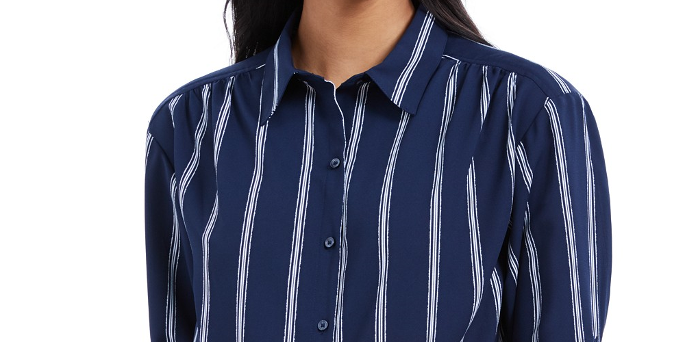Camisa feminina listrada com amarração frontal Charter Club, azul, tamanho grande