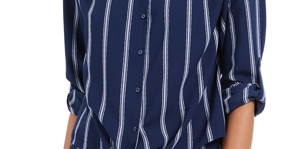 Camisa feminina listrada com amarração frontal Charter Club, azul, tamanho grande