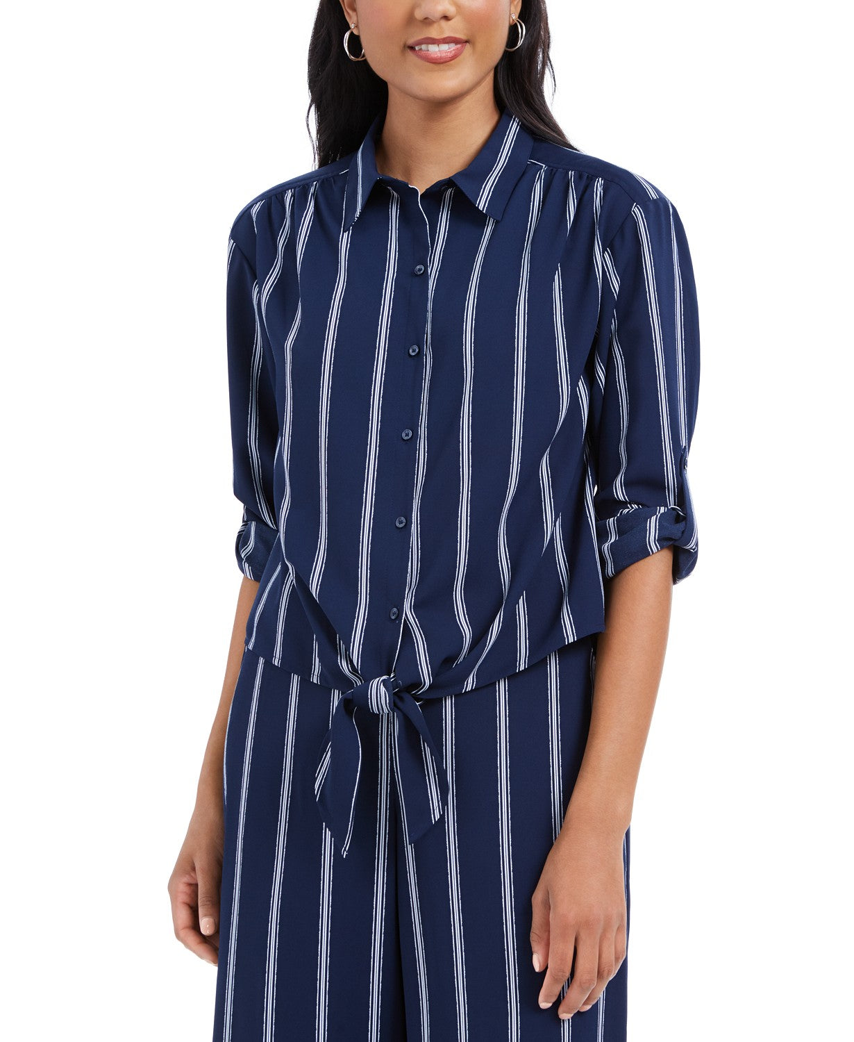Camisa feminina listrada com amarração frontal Charter Club, azul, tamanho pequeno