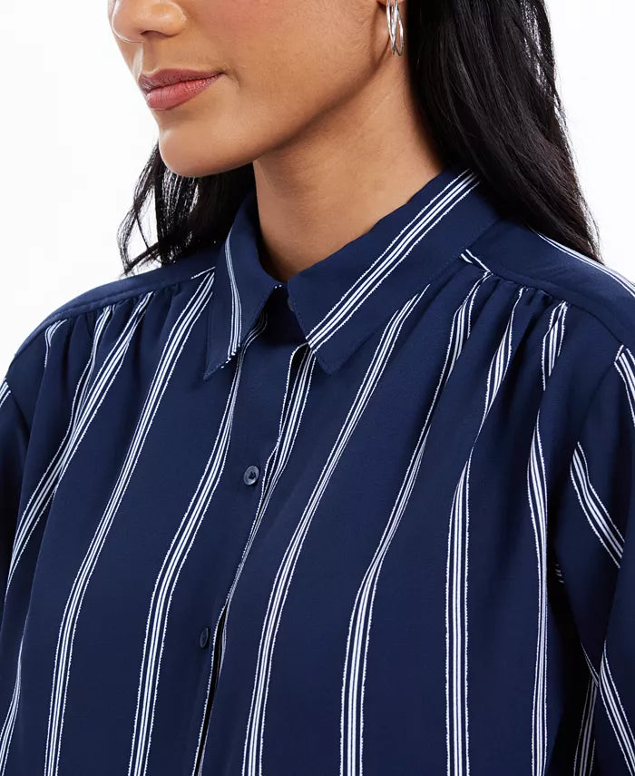Camisa feminina listrada com amarração frontal Charter Club, azul, tamanho pequeno
