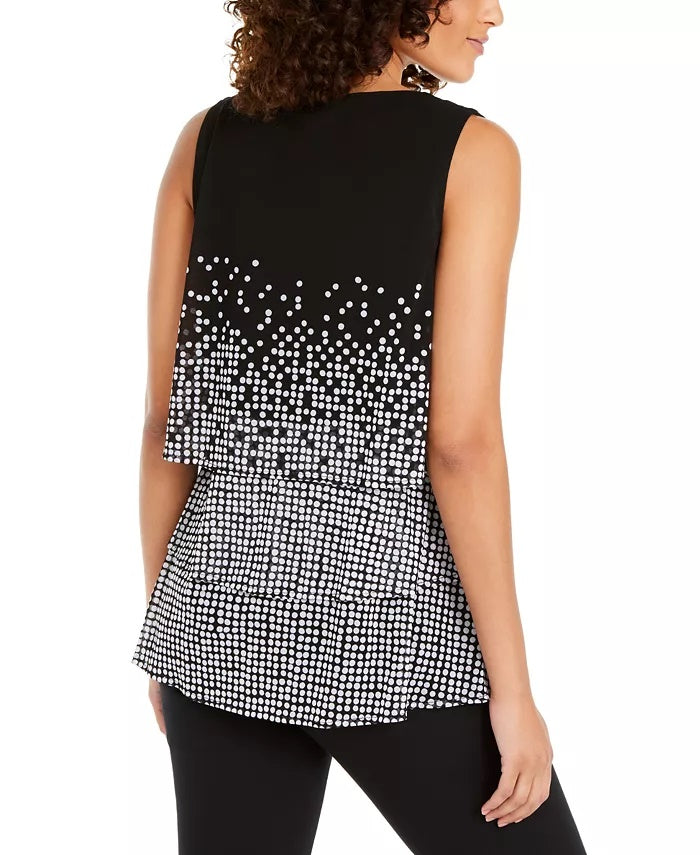 Top Alfani Feminino Petite com Estampa de Bolinhas e Camadas, Preto, Tamanho Pequeno