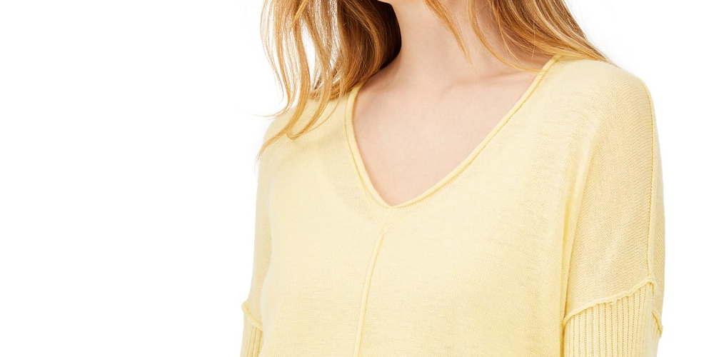 Suéter túnica feminino canelado de manga comprida, tamanho grande, amarelo, da INC International Concepts