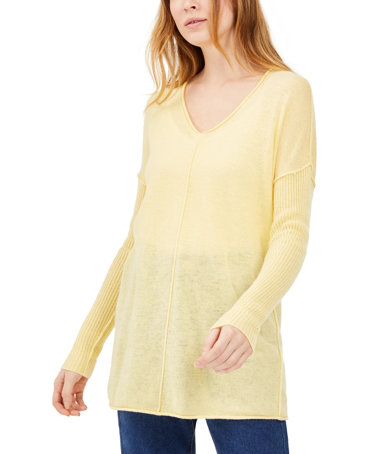 Suéter túnica feminino canelado de manga comprida, amarelo brilhante, tamanho médio, da INC International Concepts