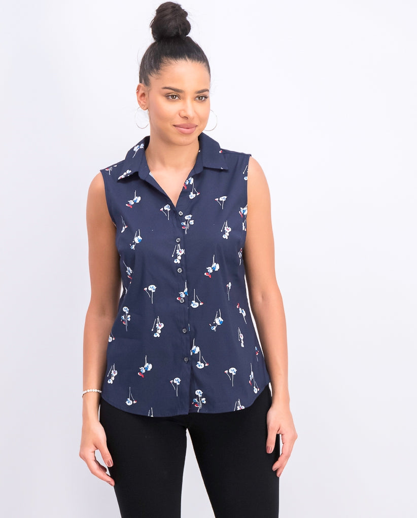 Blusa feminina sem mangas com estampa floral azul Charter Club, tamanho 4