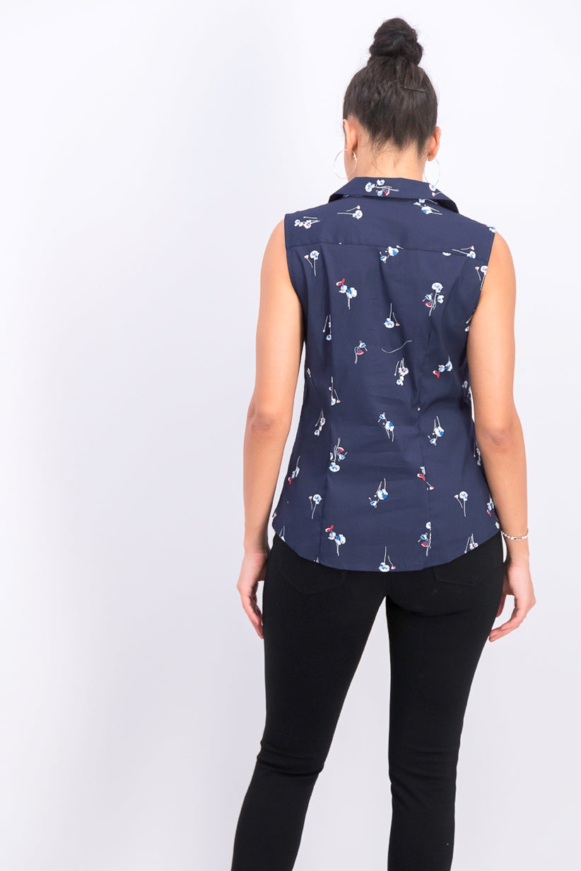 Blusa feminina sem mangas com estampa floral azul Charter Club, tamanho 4