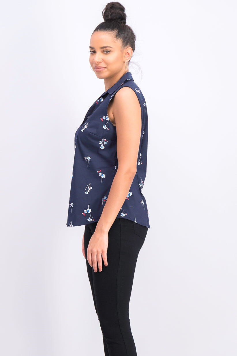 Blusa feminina sem mangas com estampa floral azul Charter Club, tamanho 4