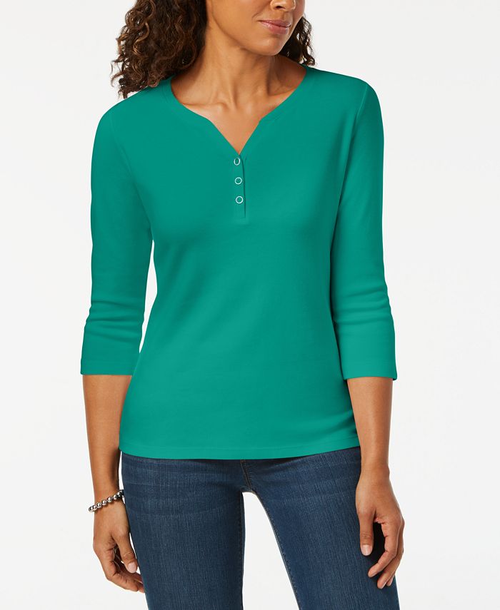 Karen Scott Top Henley de Algodão Feminino Verde Tamanho P