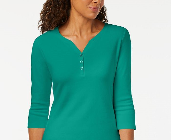 Karen Scott Top Henley de Algodão Feminino Verde Tamanho P