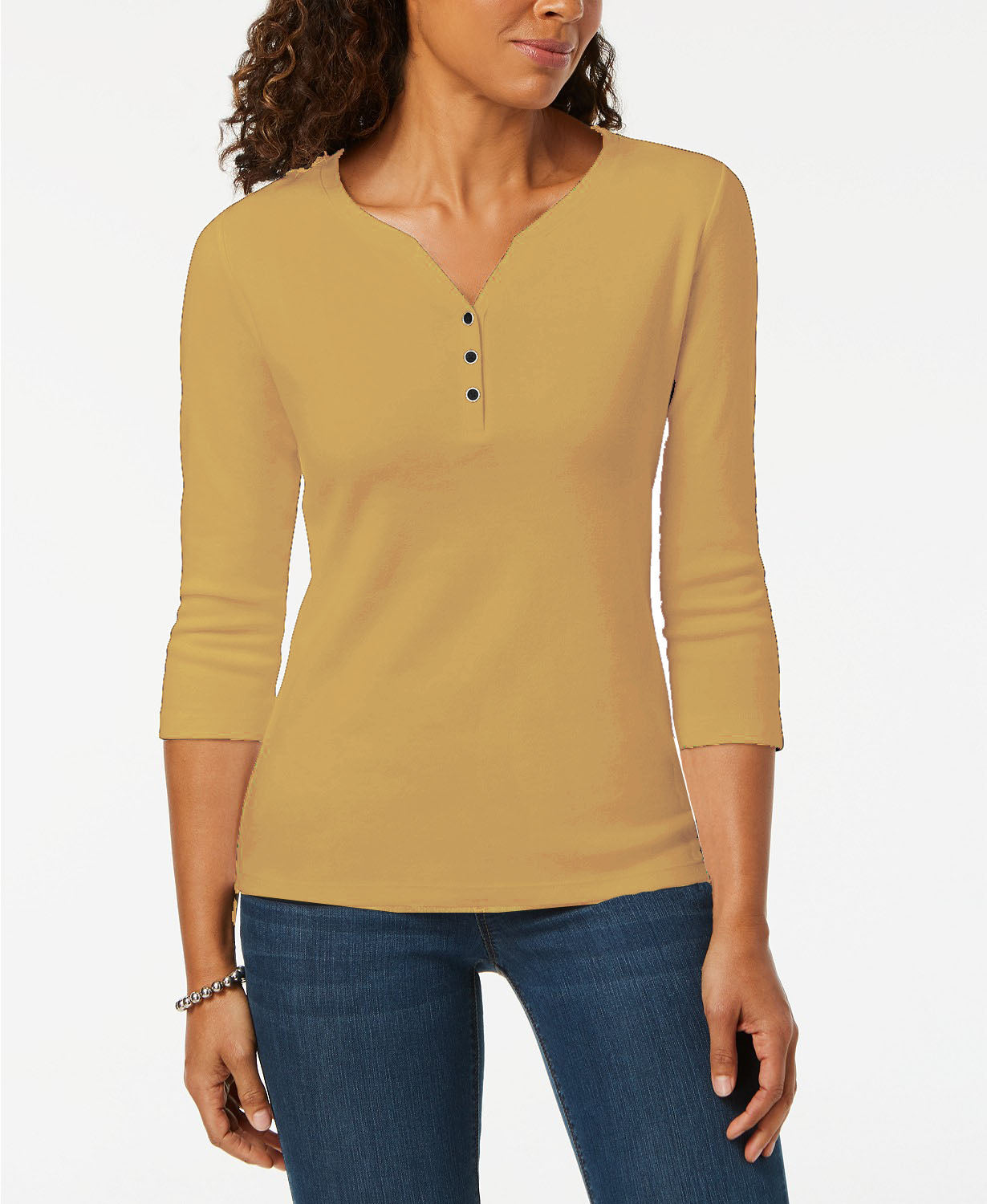 Camisa Henley de algodão pequena Karen Scott feminina, marrom, tamanho grande