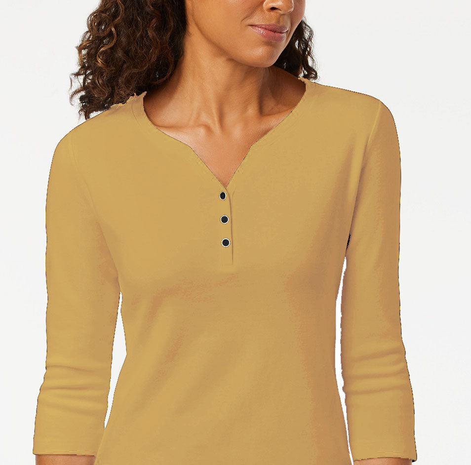 Camisa Henley de algodão pequena Karen Scott feminina, marrom, tamanho grande