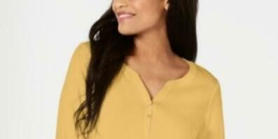 Camisa Henley de algodão pequena Karen Scott feminina, amarela, tamanho pequeno, extra grande