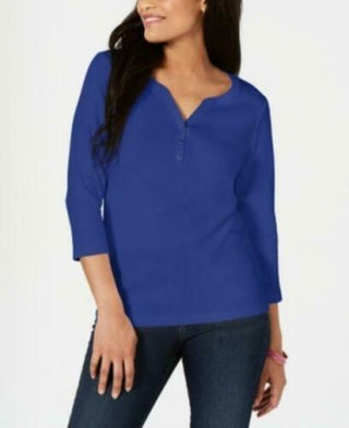 Camisa Henley de algodão pequena Karen Scott feminina, azul, tamanho pequeno