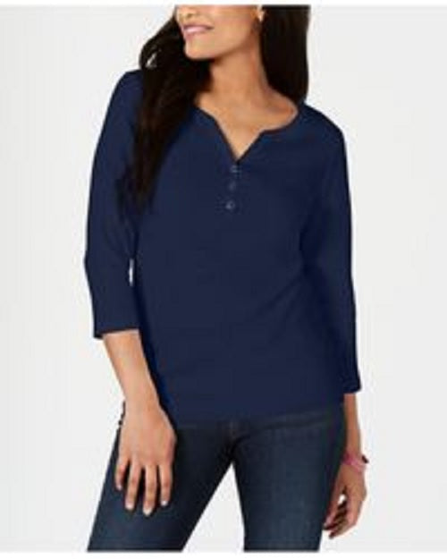 Camisa Henley de algodão feminina Karen Scott, azul, tamanho pequeno e pequeno
