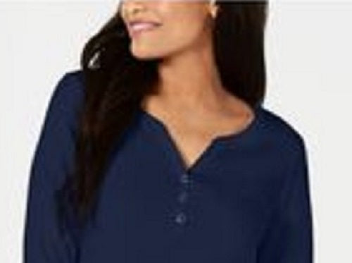 Camisa Henley de algodão feminina Karen Scott, azul, tamanho pequeno e pequeno