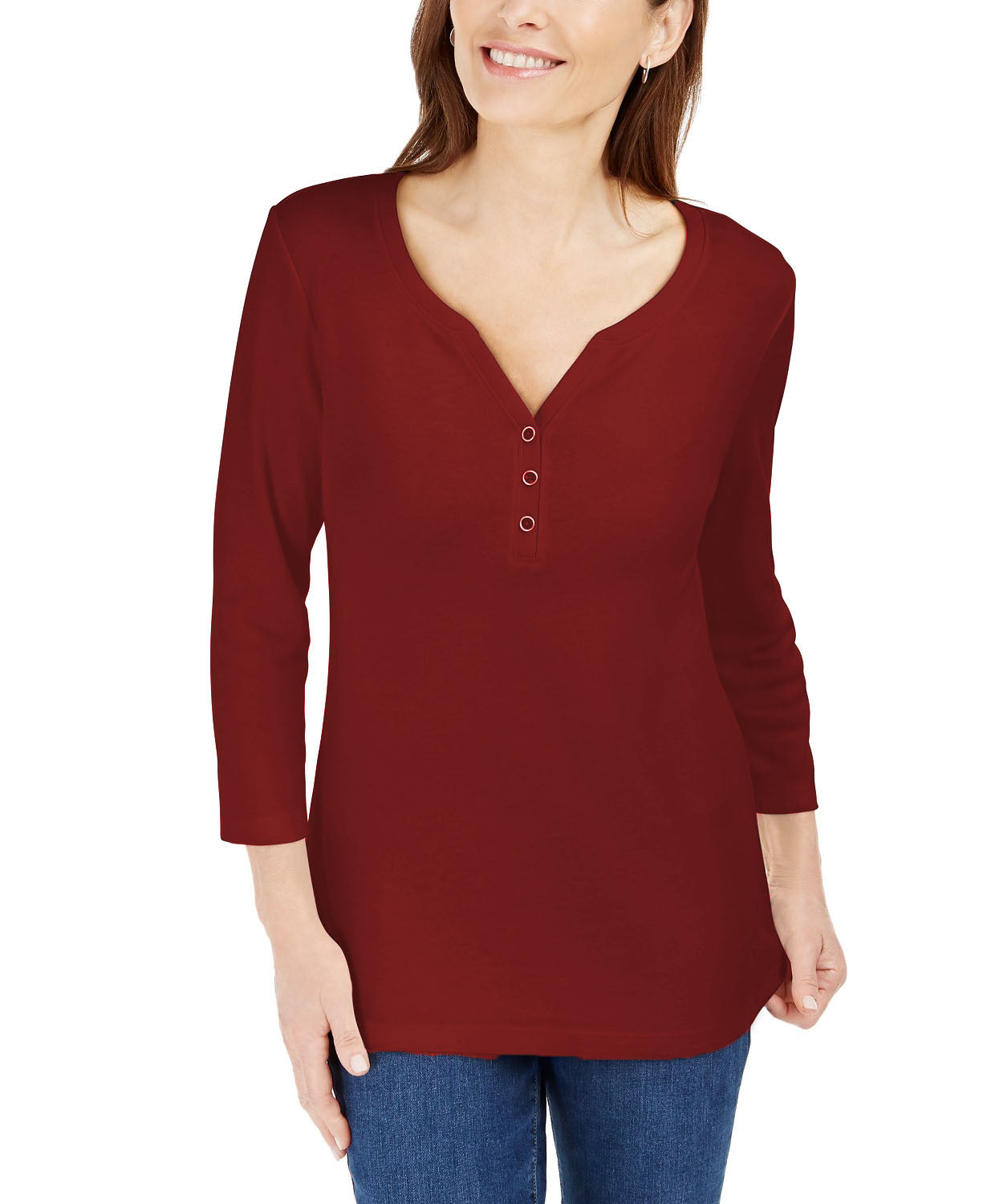 Camisa Henley Karen Scott Feminina Pequena Manga 3/4, Cor Merlot, Tamanho Médio