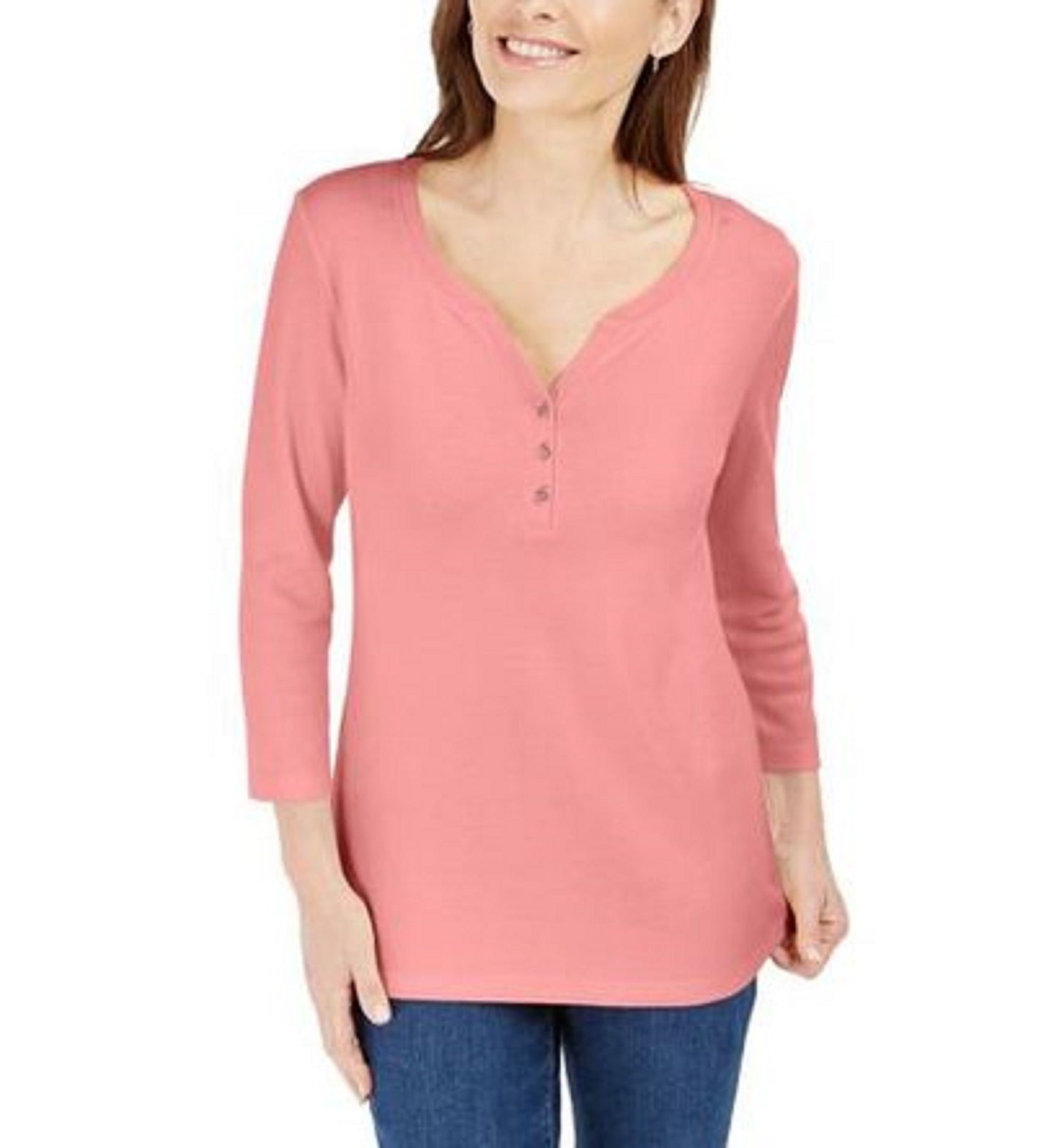 Camisa Henley de algodão pequena Karen Scott feminina, rosa, tamanho médio