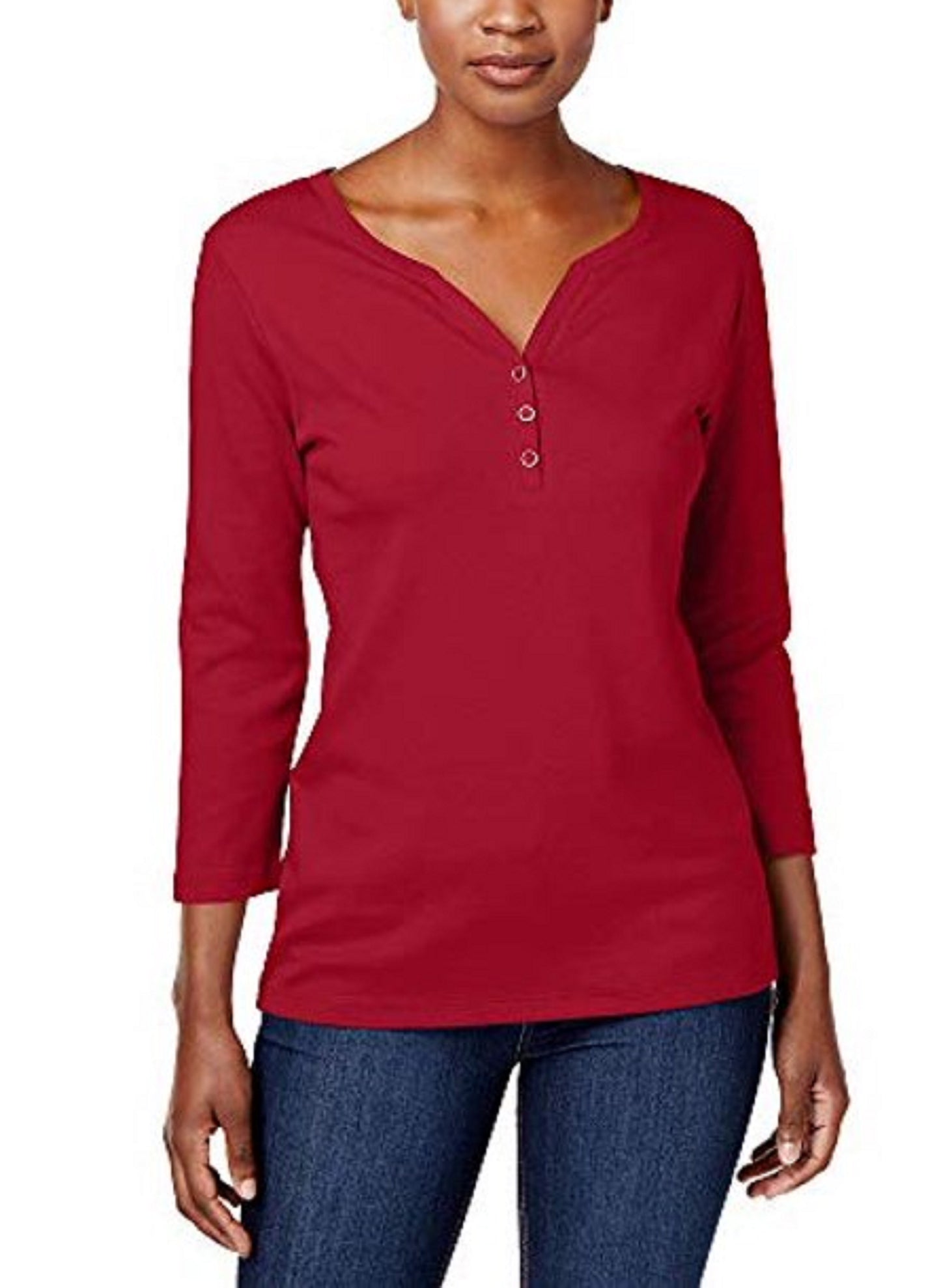 Camisa Henley de algodão feminina Karen Scott, tamanho médio, vermelha, pequena, extra grande