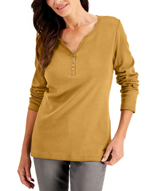 Camisa Henley de algodão pequena Karen Scott feminina, tamanho dourado, pequena e pequena