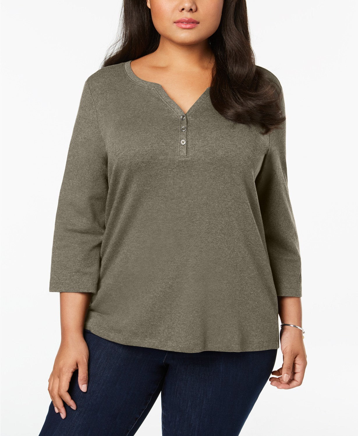 Karen Scott Blusa feminina plus size de algodão com decote aberto, cinza, tamanho 2X