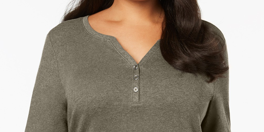 Karen Scott Blusa feminina plus size de algodão com decote aberto, cinza, tamanho 2X