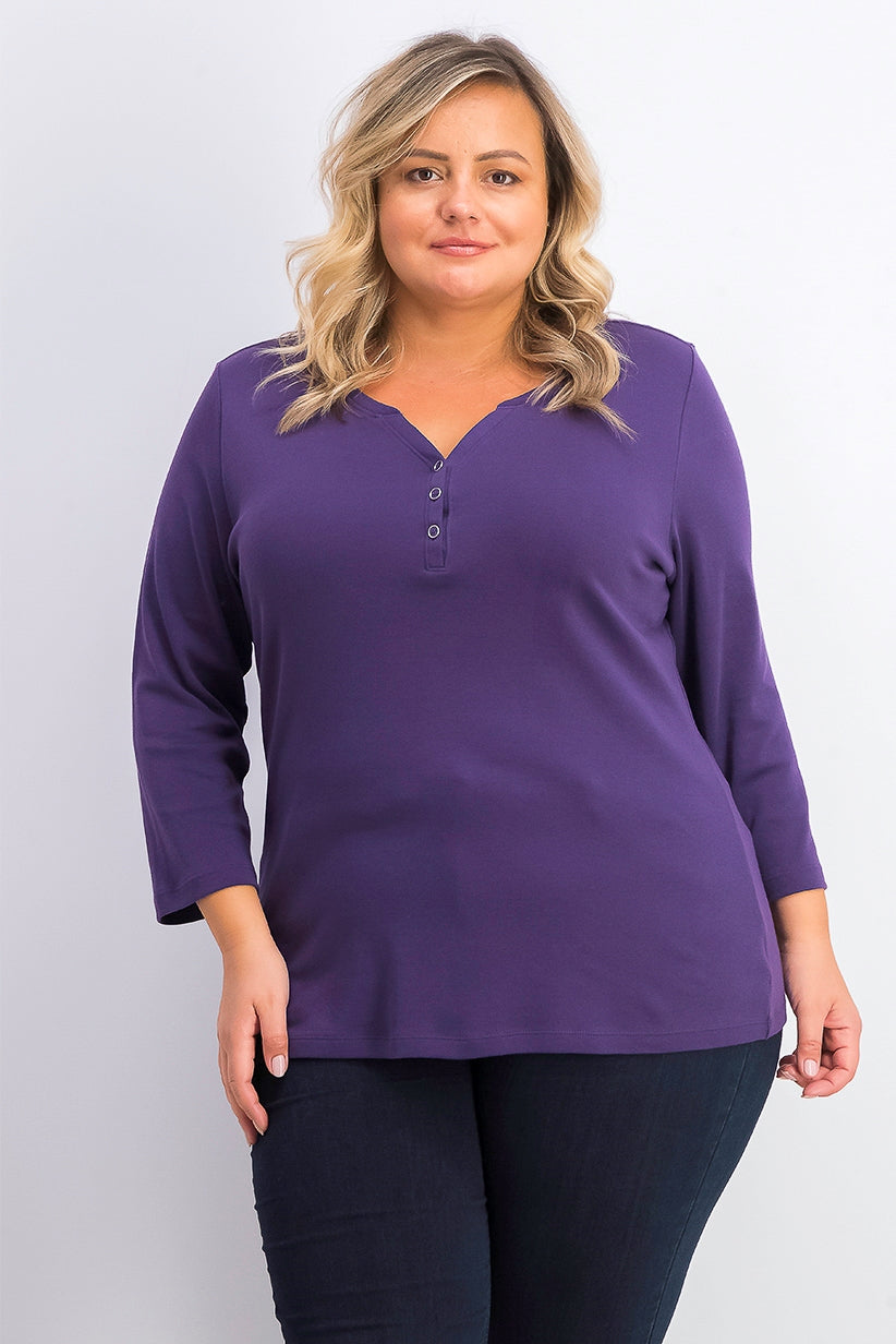 Karen Scott Blusa feminina plus size de algodão com decote aberto, roxa, tamanho 2, extra grande