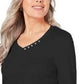 Karen Scott Blusa feminina de algodão com decote em V e acabamento em botões, preta, tamanho pequeno