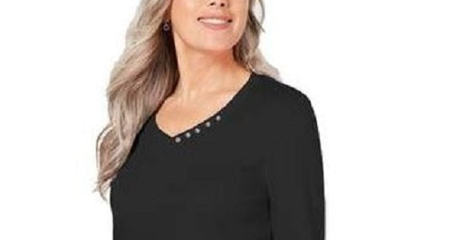 Karen Scott Blusa feminina de algodão com decote em V e acabamento em botões, preta, tamanho pequeno