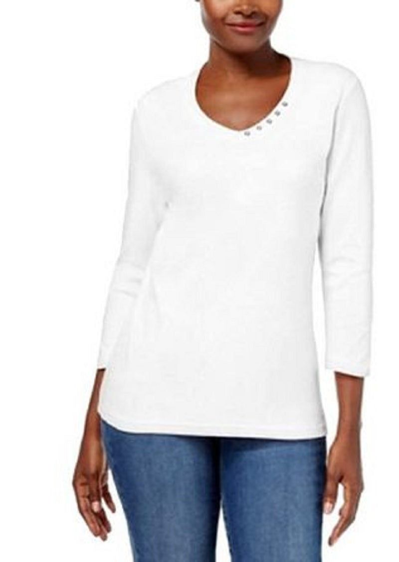 Blusa feminina Karen Scott de algodão com decote em V e acabamento em botões, branca, tamanho médio