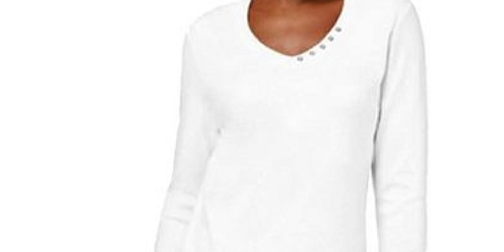 Blusa feminina Karen Scott de algodão com decote em V e acabamento em botões, branca, tamanho médio