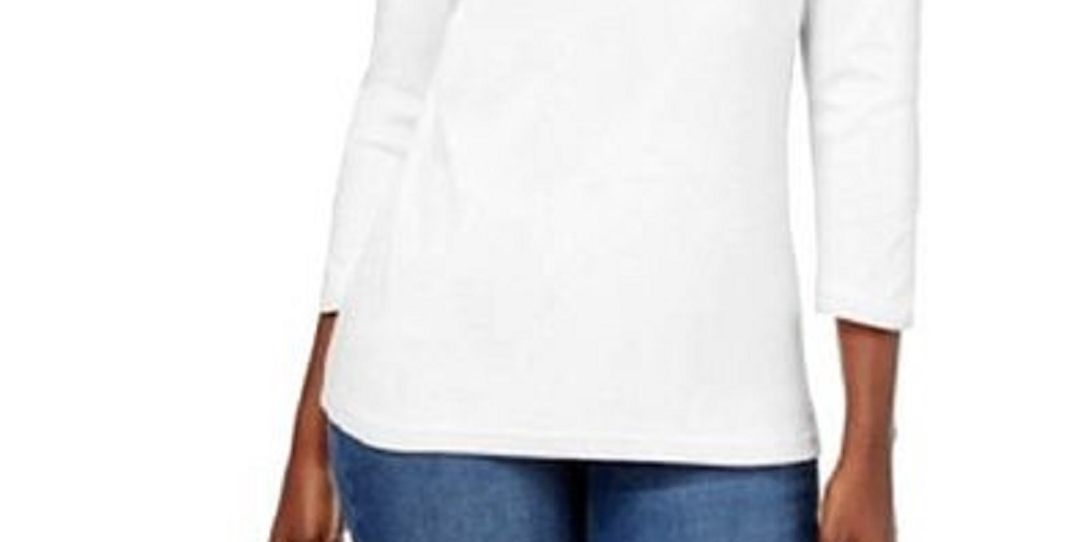 Blusa feminina Karen Scott de algodão com decote em V e acabamento em botões, branca, tamanho médio