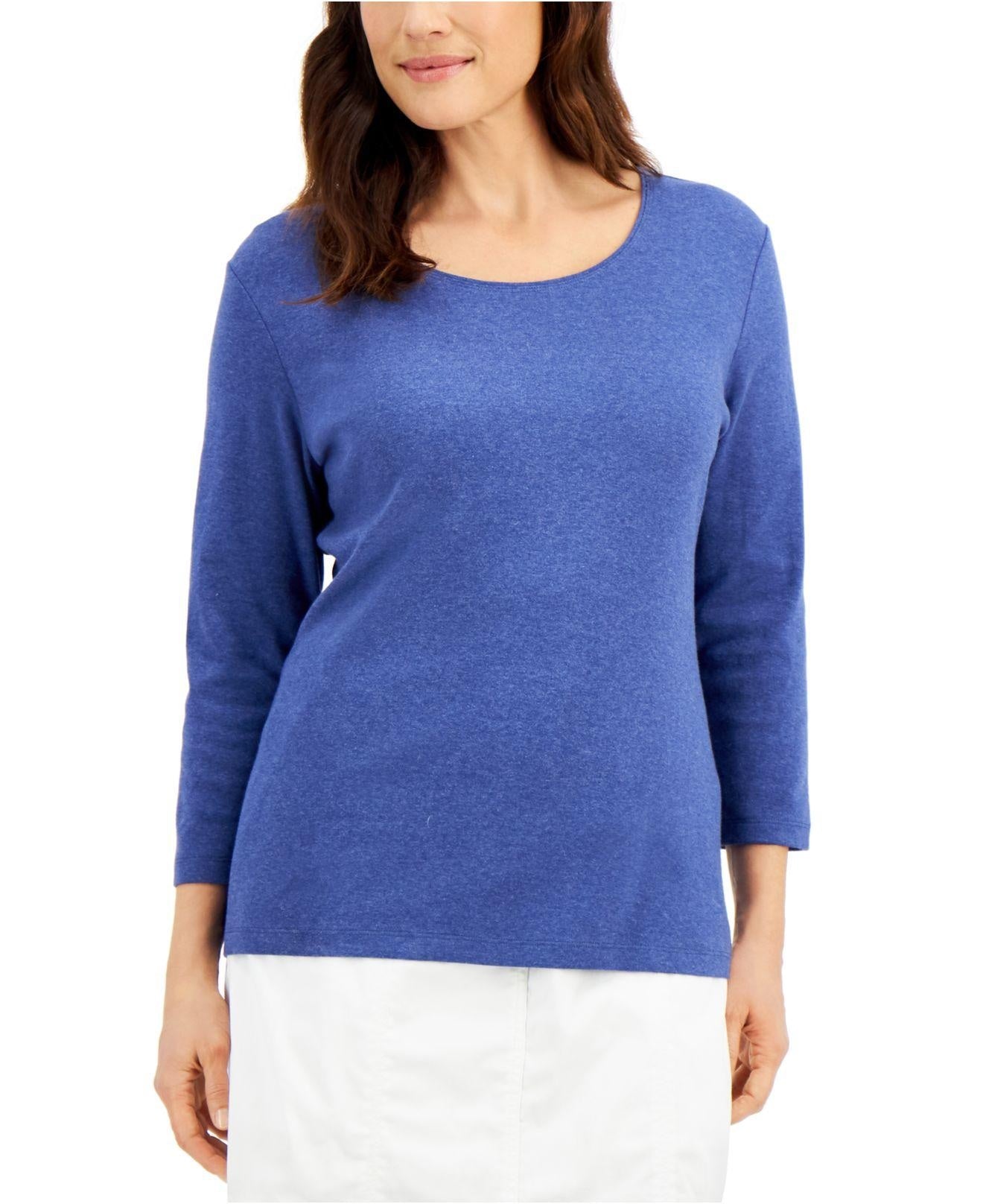 Blusa feminina Karen Scott de algodão com manga 3/4, azul, tamanho médio