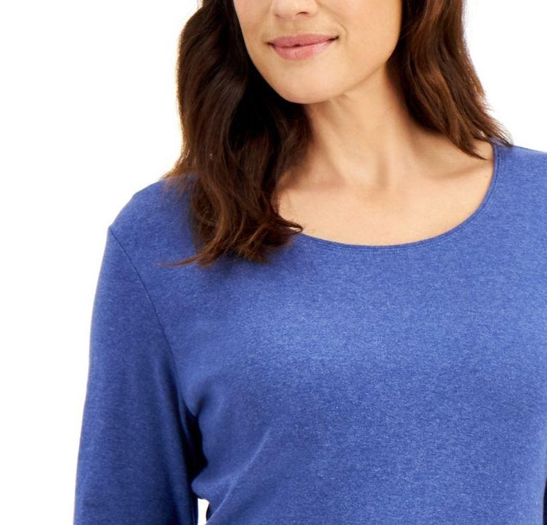 Blusa feminina Karen Scott de algodão com manga 3/4, azul, tamanho médio