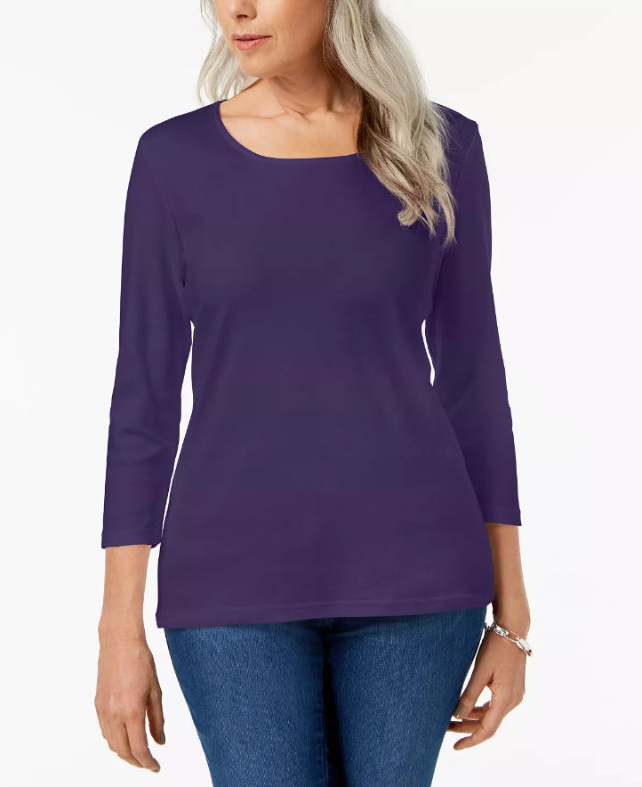 Karen Scott Top feminino de algodão com decote redondo, tamanho pequeno, roxo, tamanho médio